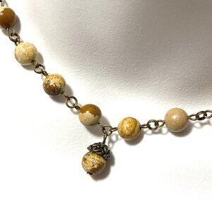 Genuine Yellow Picture Jasper Short Necklace,Bronze Acorn Charm+Natural Gemstone